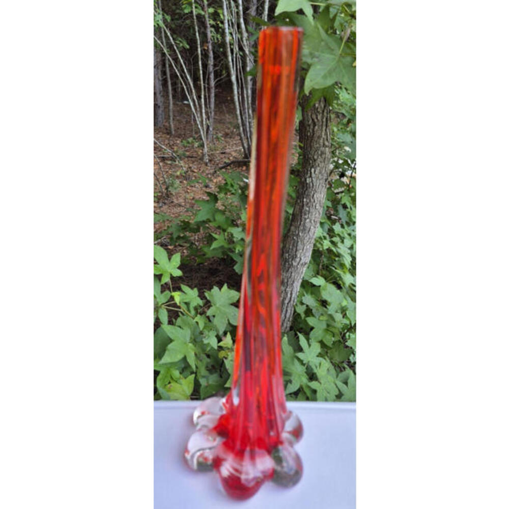 Vintage MCM Twisted Elephant Foot Vase ~ Red Glass ~ 11” Tall ~ Bud Stem Floral